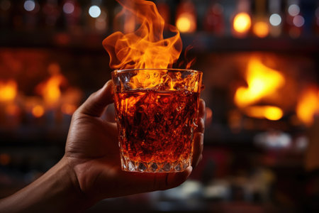 Hand of bartender holding glass of whiskey with ice cubes on fire background, A glass of fiery cocktail on the bar counter against the background of the bartender's hands with fire, AI Generatedの素材