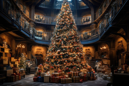 Christmas tree in the interior of a bookstore with Christmas gifts, A huge Christmas tree with bright lights and presents, AI Generatedの素材
