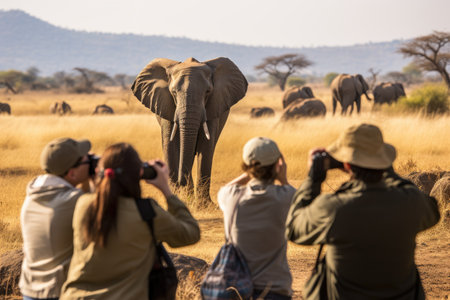 Group of tourists taking photos of an elephant in Serengeti National Park, Tanzania, A group of young people watch and photograph wild elephants on a safari tour in a national park, AI Generatedの素材