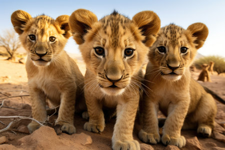 Lion cubs in the Kalahari desert, Namibia, a group of young small teenage lions curiously looking straight into the camera in the desert, AI Generatedの素材