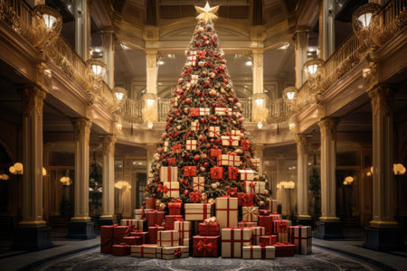 Christmas tree with gifts in the interior of the theater. Toned, A huge Christmas tree with bright lights and presents, AI Generatedの素材