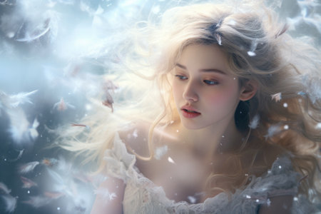 Portrait of a beautiful blonde girl in a white dress with flying feathers, A mesmerizing scene of snowflakes drifting in the wind with soft colors and a dreamy atmosphere, AI Generatedの素材