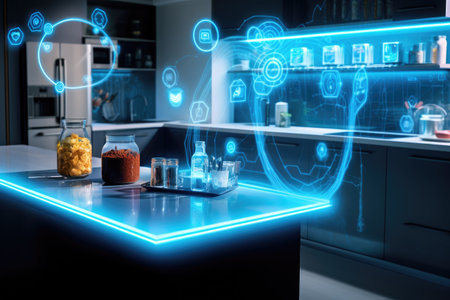 3d rendering science and technology concept with lab glassware on table, A smart kitchen connected with an internet connection, featuring a digital technology hologram, AI Generatedの素材