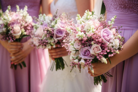 Wedding bouquet in hands of the bride and groom, Wedding flowers, bride and bridesmaids holding their bouquets at wedding day, AI Generatedの素材
