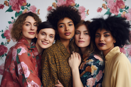 Multi-ethnic group of beautiful young women posing against floral wall, Action shot of mixed age range multi ethnic women celebrating International Women's Day, AI Generatedの素材