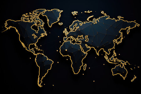Abstract world map with golden dots on dark background. Vector illustration, Abstract mash line and point scales on a black background with a world map, AI Generatedの素材
