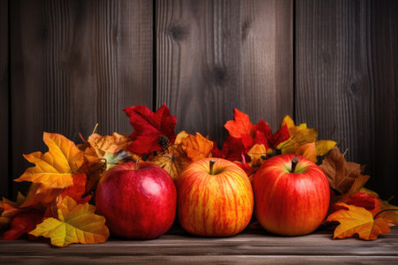 Autumn still life with red apples and colorful leaves on wooden background, Apples, pumpkins and fallen leaves on wooden background, AI Generatedの素材