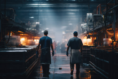 Workers working in a metallurgical plant. Selective focus, back view of male workers in factory, AI Generatedの素材
