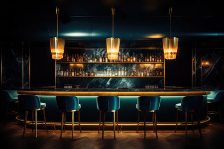 Interior of a bar with blue chairs and a bar counter at night, Bar counter in the dark night background with chairs in an empty comfortable luxury restaurant, AI Generatedの素材