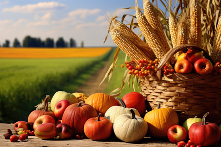 Harvested vegetables and fruits on a wooden table in front of a field, Basket Of Pumpkins, Apples And Corn On Harvest Table With Field Trees And Sky Background, AI Generatedの素材