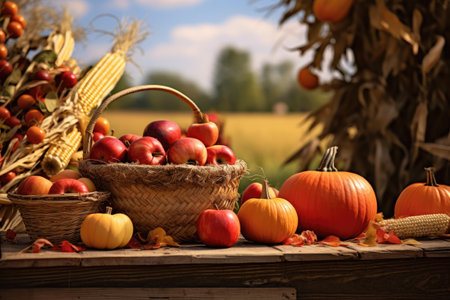 Autumn still life with pumpkins, apples and corn in basket, Basket Of Pumpkins, Apples And Corn On Harvest Table With Field Trees And Sky Background, AI Generatedの素材