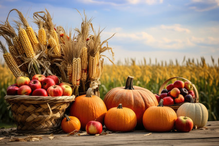 Autumn still life with pumpkins, apples and corn on the field, Basket Of Pumpkins, Apples And Corn On Harvest Table With Field Trees And Sky Background, AI Generatedの素材