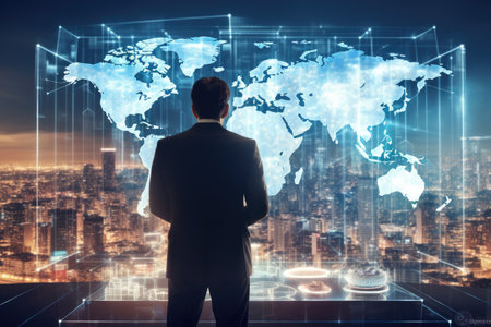 Rear view of young businessman looking at abstract digital world map on blurry city background. Technology concept. Double exposure, Businessman working on a hologram, AI Generatedの素材