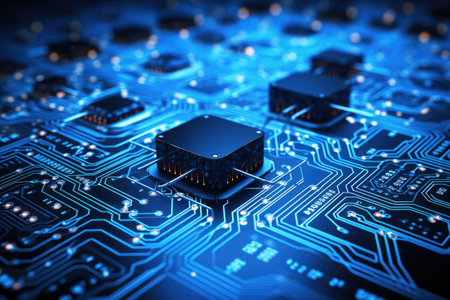 Circuit board close-up. Technology background. 3d rendering, Big data flow with cyber blockchain on a circuit board incorporating a blue network system, AI Generatedの素材