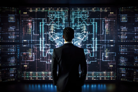 Rear view of businessman looking at virtual panel with graphs and diagrams, Businessman using advanced AI technology against a black background, captured from the rear view, AI Generatedの素材