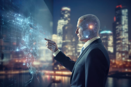 Businessman in suit and artificial intelligence head on abstract city background. Future and AI concept. Double exposure, Businessman leveraging AI technology against a blurry, AI Generatedの素材