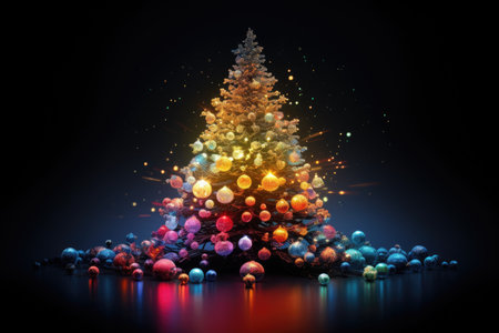 Christmas tree with colorful bokeh lights on black background. 3D rendering, christmas tree light, AI Generatedの素材