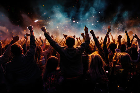 Crowd cheering at a live music concert with hands raised up in the air, Cheering crowd at a rock concert, AI Generatedの素材