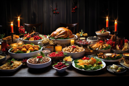 Traditional christmas table with turkey, fruits and vegetables, traditional food, Christmas Dinner table full of dishes with food and snacks, AI Generatedの素材