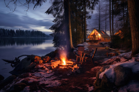 Camping on the shore of a lake in the winter forest, A camp by the lake with a campfire in winter at dusk, AI Generatedの素材