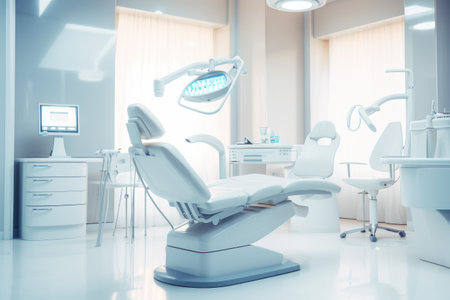 Interior of modern dental clinic with white chair, dental equipment and tools, A dentist chair in the dental office, Dentistry concept, AI Generatedの素材