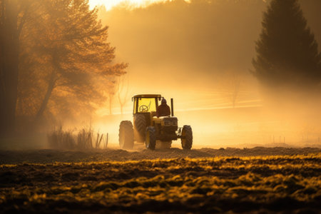 Tractor plowing field at sunset. Tractor preparing land for sowing, A farmer operating a tractor working in the field in the morning, AI Generatedの素材