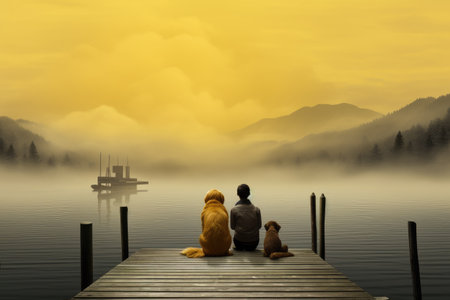 Man and woman sitting on a wooden pier in a misty lake, A family with a small yellow dog resting on a pier and looking at the lake and foggy mountains, AI Generatedの素材