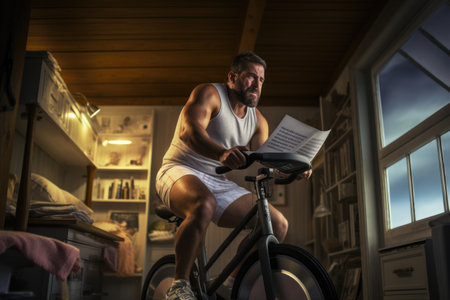 Handsome Man Riding Bicycle In Bedroom At Home While Reading Newspaper, A man on a fitness exercise bike indoors, AI Generatedの素材