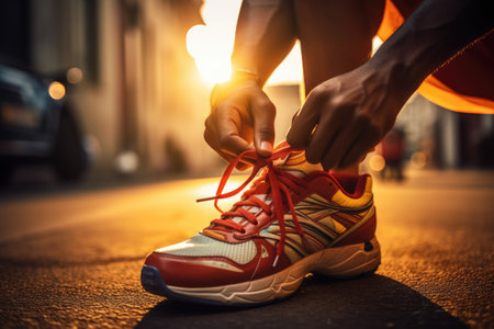 Running shoes. Close-up of female runner tying shoelaces on her running shoes, A man tying sports shoes, close up of his shoe, AI Generatedの素材