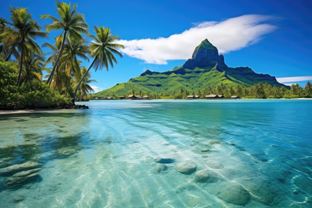 Paradise island at Seychelles, La Digue, A peaceful and tranquil lagoon in Bora Bora, French Polynesia, AI Generatedの素材