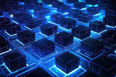 3d rendering of abstract technology background with glowing cubes in blue light, Close up view of beautiful fir branches with shiny golden bauble or ball, AI Generatedの素材