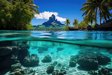 Tropical island with palm trees and rock in the water, A peaceful and tranquil lagoon in Bora Bora, French Polynesia, AI Generatedの素材