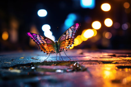 Butterfly on the wet asphalt in the city at night. Selective focus, Colorful butterfly on the sidewalk of a busy street at night, captured through macro photography with shallow depth, AI Generatedの素材