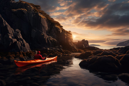Man kayaking on the sea at sunset. 3D rendering, A red kayak and a man camping on coastal rocks, AI Generatedの素材