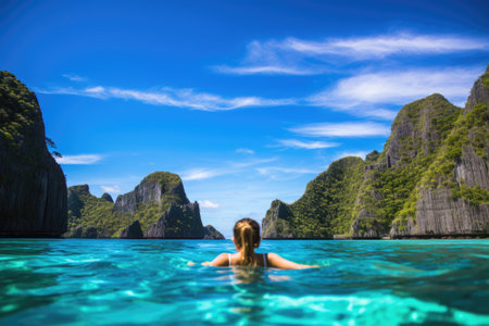 Young woman relaxing in tropical lagoon, Phi Phi island, Thailand, A young woman swimming in clear sea water in a lagoon and looking at a beautiful landscape, Travelling, AI Generatedの素材