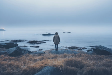 Man standing on a rock looking at the sea in a foggy day, A woman alone looking at a foggy sea, experiencing adventure lifestyle outdoors, expressing solitude, sad emotions, AI Generatedの素材