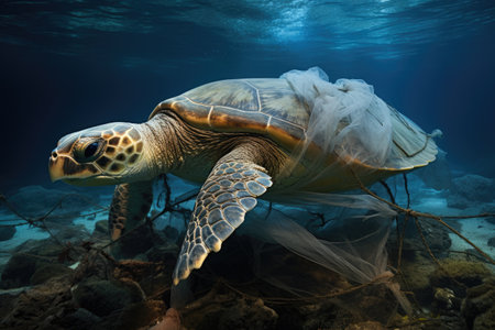 Hawaiian Green Sea Turtle Chelonia mydas, Dead turtle in fishing nets, AI Generatedの素材