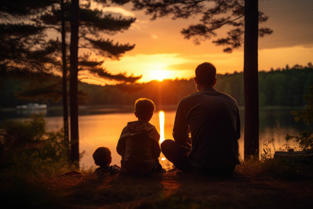 Silhouette of father and two sons sitting on the shore of the lake at sunset, Family dad and two sons are fishing at sunset, AI Generatedの素材