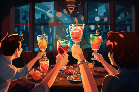 Hands clinking glasses with drinks at bar, vector illustration, Friends toasting with cocktails in the bar, no face, AI Generatedの素材