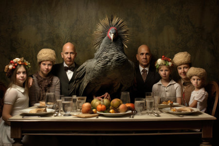 Vintage portrait of a happy family at the table with a turkey, family thanksgiving with turkey, AI Generatedの素材