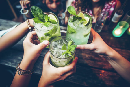 Close-up of female hands holding glasses of mojito cocktails, Happy group of friends cheering with mojito drinks at a cocktail bar restaurant, top view, no face, AI Generatedの素材