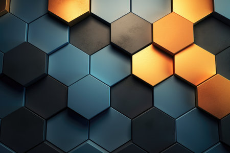 3d rendering of abstract metallic background with hexagons in black, blue and golden colors, Abstract background with hexagons, AI Generatedの素材