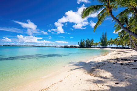 tropical beach with coconut palm trees and turquoise water, Amazing white beaches of Mauritius island, Tropical vacation, AI Generatedの素材