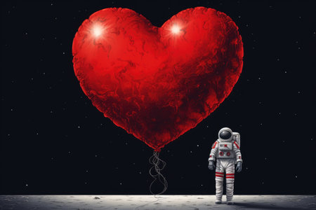 Astronaut in outer space holding big red heart shaped balloon, An astronaut on the moon holding a big red heart for Valentine's Day, AI Generatedの素材