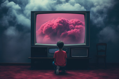 Child watching a big red cloud on the screen of an old TV, An emo album cover with synthwave elements of someone staring at a TV screen of grey clouds, AI Generatedの素材