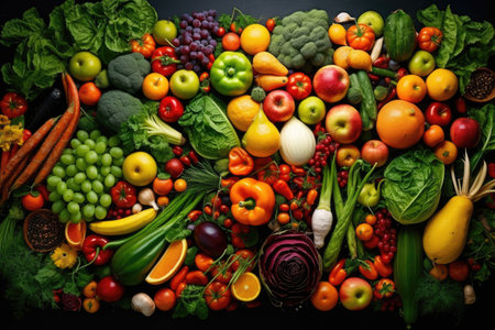 Background of fresh fruits and vegetables. Healthy food concept. Top view, Assortment of fresh organic fruits and vegetables, AI Generatedの素材