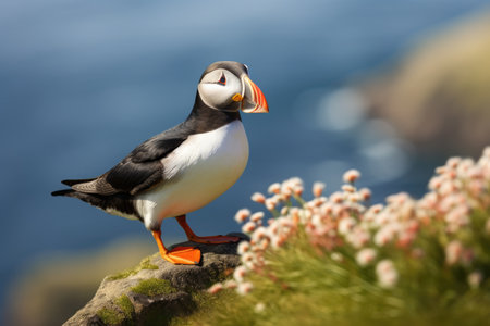 Atlantic puffin Fratercula arctica standing on a rock at sunset, Atlantic Puffin or Common Puffin, Fratercula arctica, in Norway, AI Generatedの素材