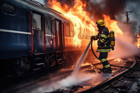 Firefighter extinguishing a fire in a train station. Firefighters fighting a fire, A fireman using water and an extinguisher to fight with fire flames in an accident car on the wayside, AI Generatedの素材