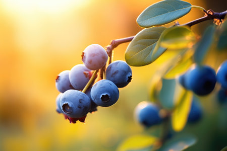 Ripe blueberries on a branch. Shallow depth of field, A branch with natural blueberries against a blurred background of a blueberry garden at golden hour, AI Generatedの素材