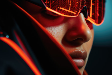 Close-up portrait of a beautiful young woman in futuristic glasses, A close-up image of laser vision correction, AI Generatedの素材